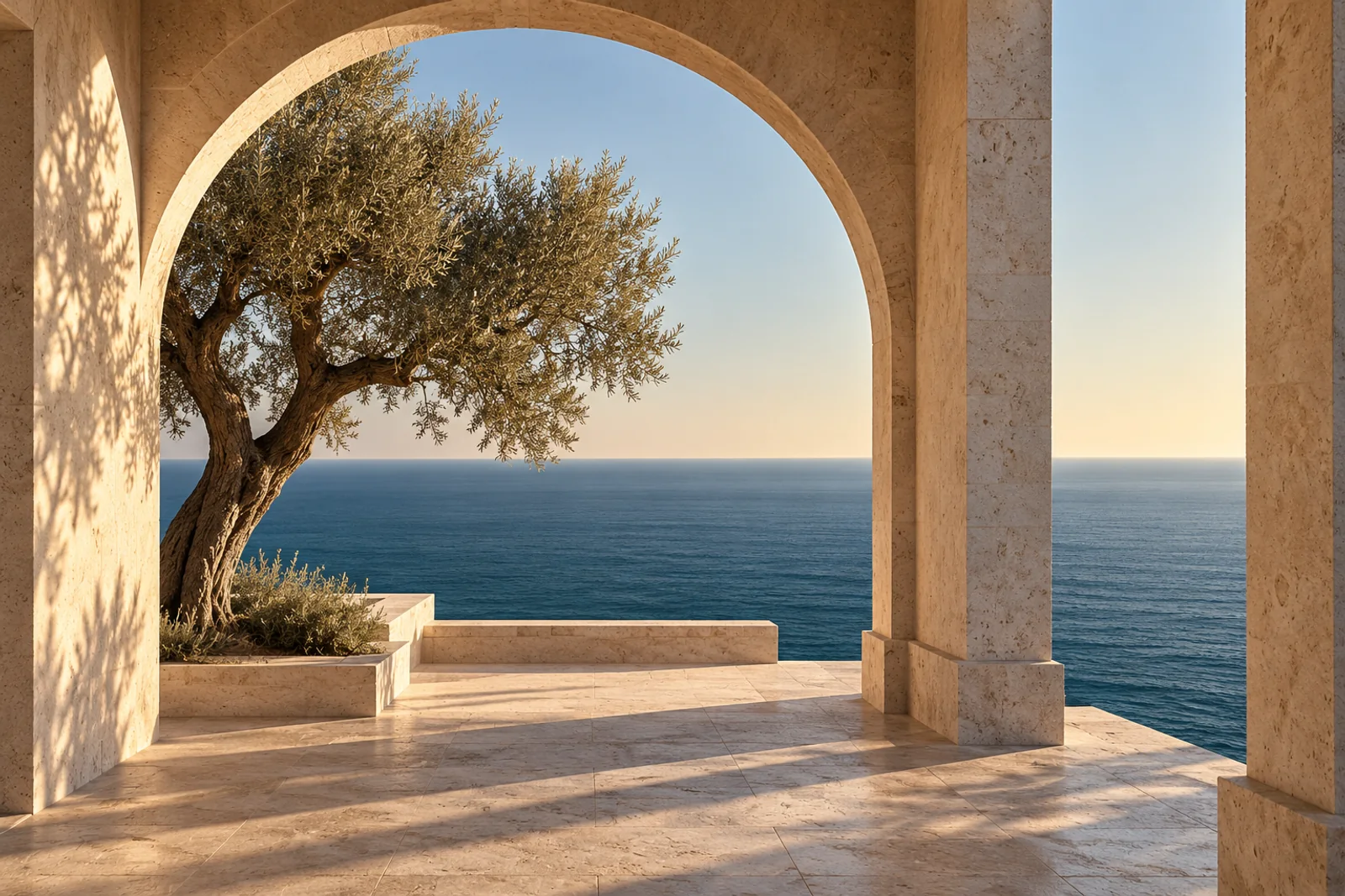 Architectural illustration of a limestone arch opening onto a calm Mediterranean horizon