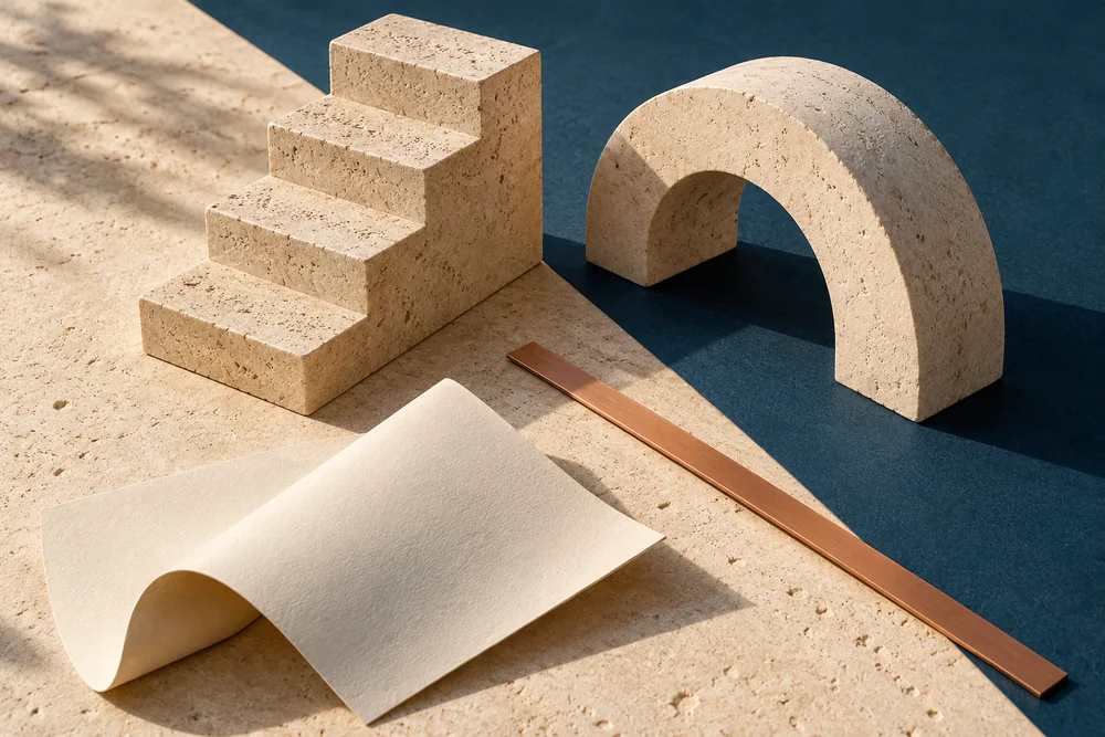 Conceptual study of limestone forms and a copper line, illustrating connected project planning