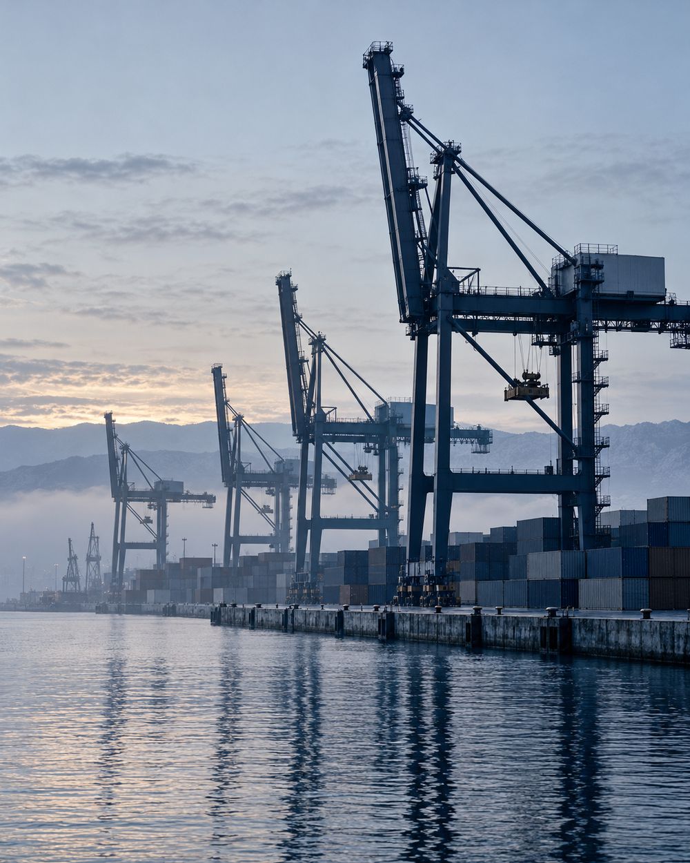 Port infrastructure seen through soft morning light