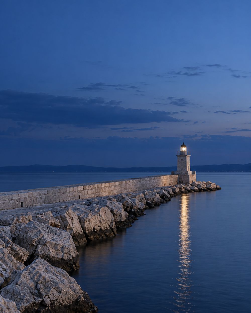 Stone breakwater with a small lighthouse at dusk