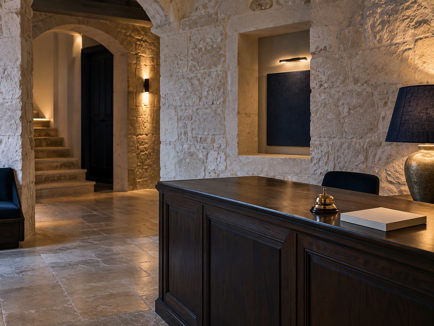 A quiet stone hotel reception with a brass desk bell
