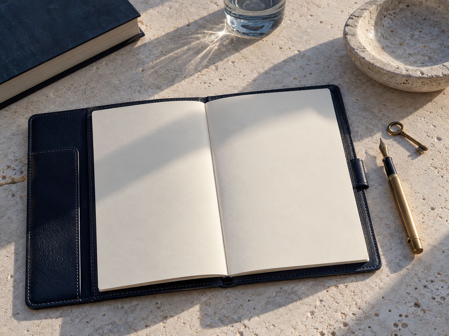 A folio and pen on a limestone surface